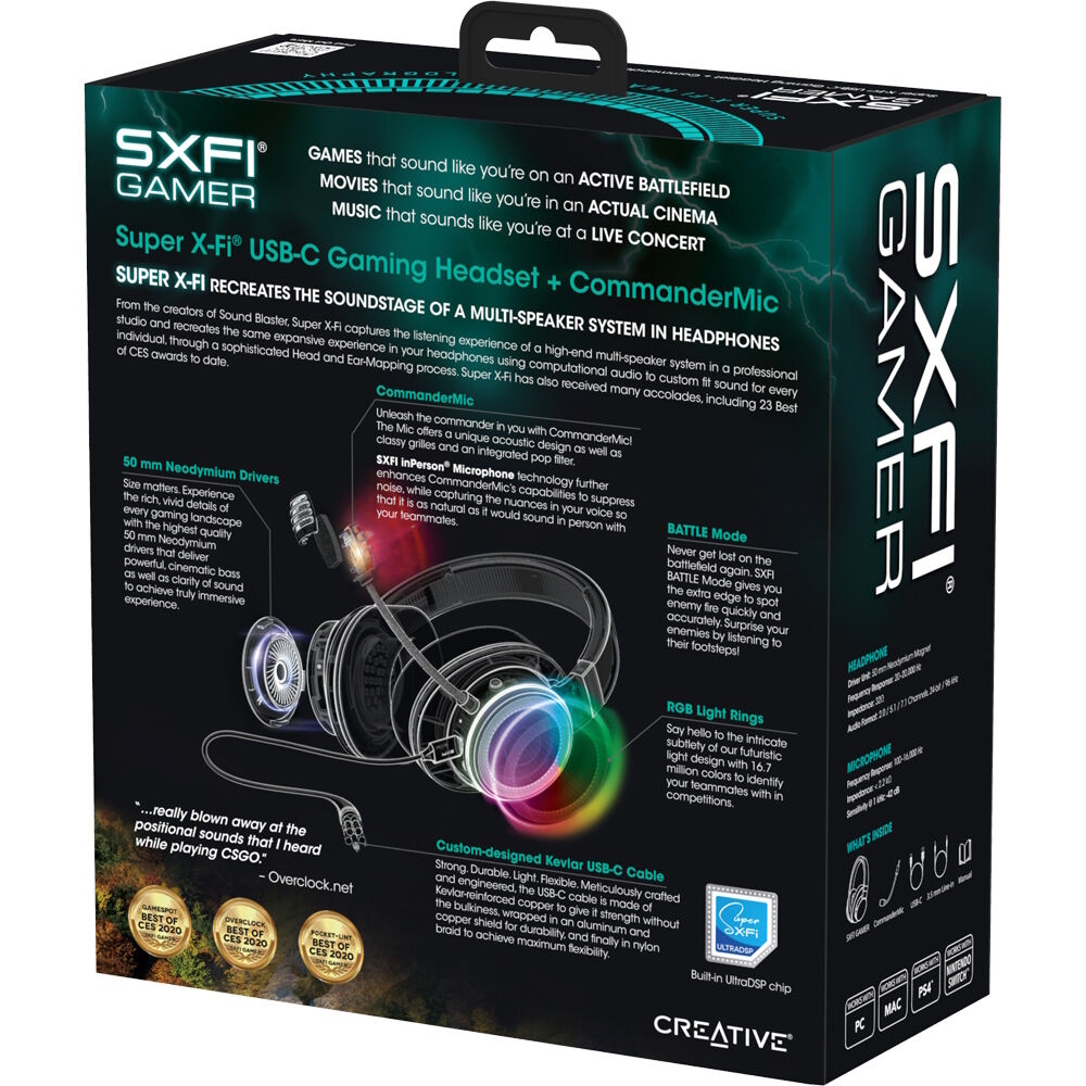 Наушники проводные Creative Labs SXFI Gamer, накладные, съемный микрофон, RGB подсветка, длина кабеля 2 м, USB Type-C, jack 3.5 мм, Black (51EF0880AA000) Наушники проводные Creative Labs SXFI Gamer, накладные, съемный микрофон, RGB подсветка, длина кабел...